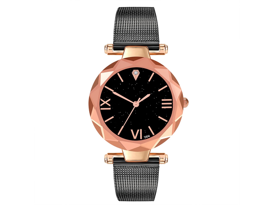Relógio de Pulso Feminino Quartzo com Números Romanos e Design de Céu Estrelado (preto)