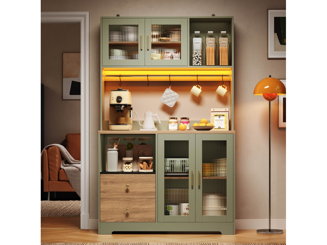 Armário Alto De Cozinha 178 Cm Com Led E Tomada, Vitrine Em Vidro Temperado, Arrumação Para Vinho, Base Reforçada Imitação Madeira Verde