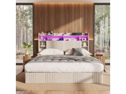 Cama Estofada Casal 160x200 Cm Com Sistema Elevável Hidráulico, Iluminação Led, Cabeceira Com Prateleiras E Usb, Cama Hidráulica, Bege