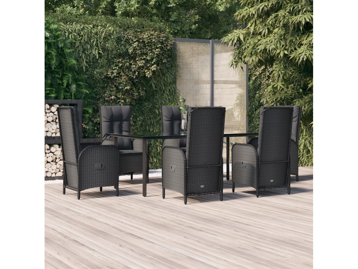 Vidaxl 7 Pcs Conjunto De Jantar P/ Jardim C/ Almofadões Vime Pe Preto