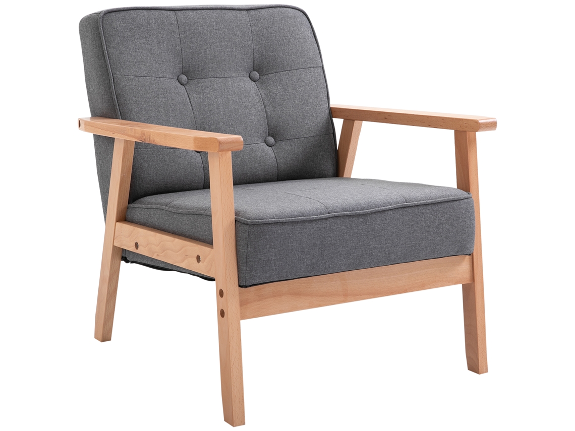 Poltrona Estilo Escandinavo Acolchoada com Capitonê em Tecido e Madeira 64.5x70x74cm Cinza BTFORUS