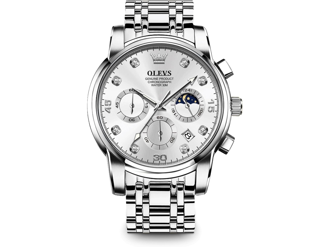 Lurelia Relógio Cronógrafo Masculino, Movimento De Quartzo, Data/calendário, Luminoso, Detalhes Com Strass, Fase Da Lua, 42 Mm, Aço Inoxidável, Prata
