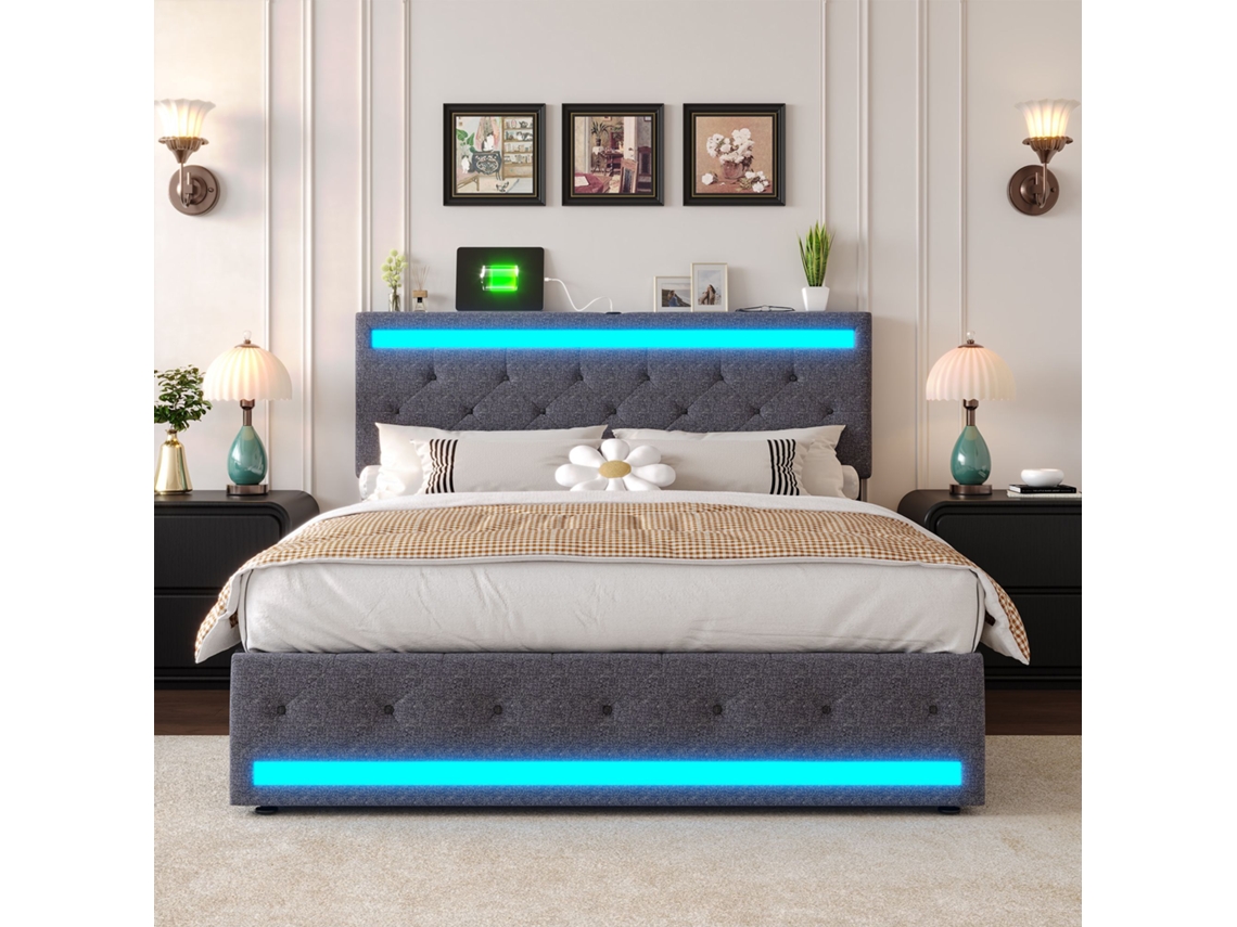 Cama De Casal Adulta 140x190 Cm Com Led, 4 Gavetas, Estrado De Ripas, Cama Estofada, Linho, Cinzento Escuro, Sem Colchão