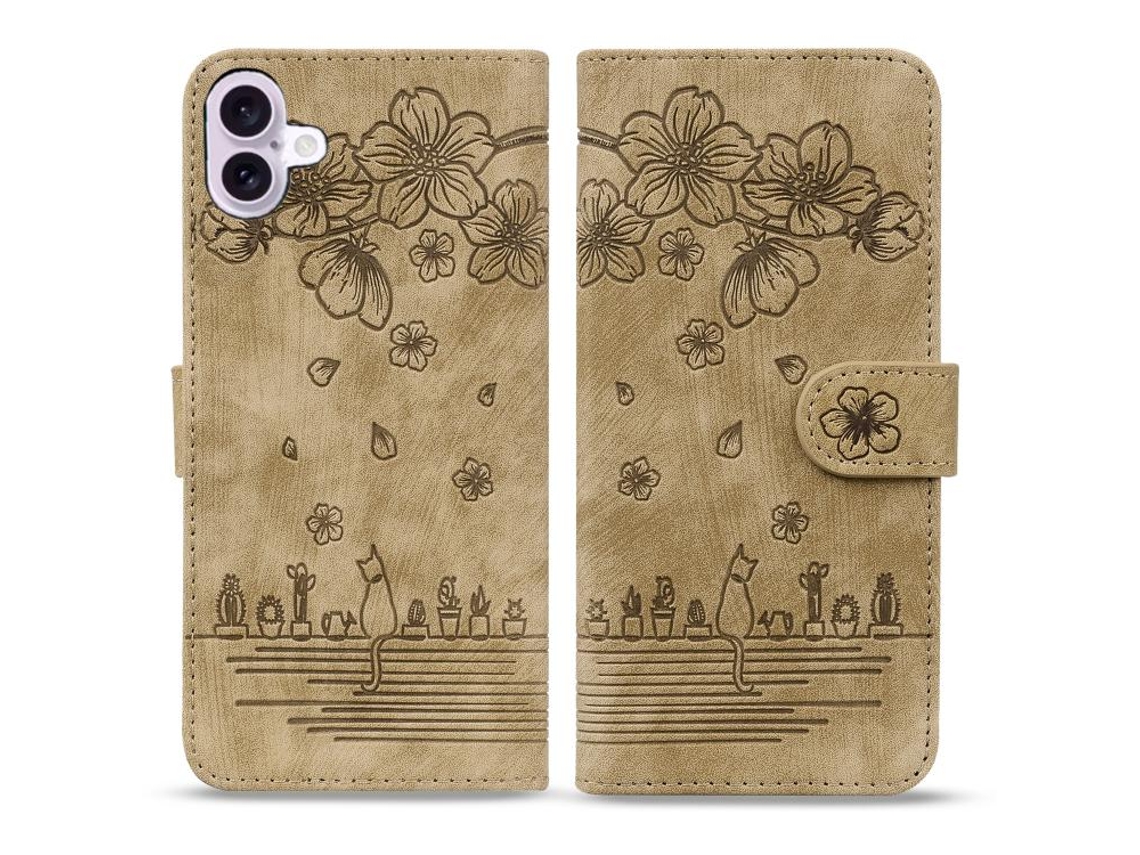 Capa De Couro Para Iphone 17 Com Desenho De Gato Sakura Em Relevo.