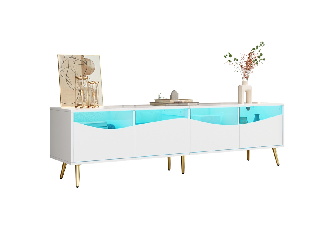 Móvel Tv 180x40x50cm Led Branco Pés Dourados Vidro Armazenamento Sala Moderno