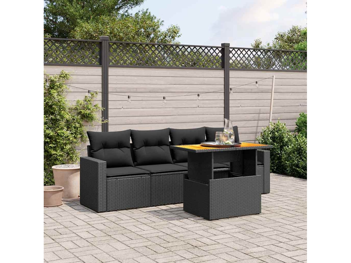 Vidaxl 5 Pcs Conjunto Sofás De Jardim Com Almofadões Vime Pe Preto