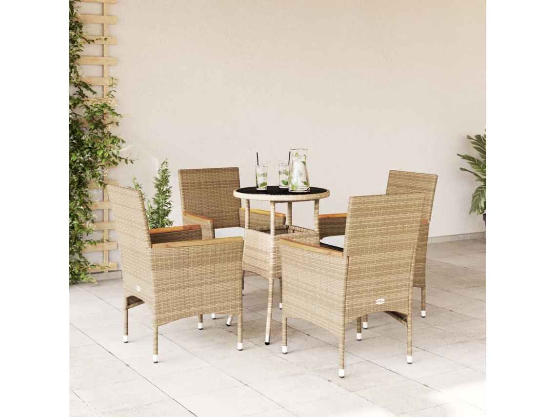 Conjunto 5 Peças Jantar Jardim Com Almofadões Vime Pe/vidro Bege Dkd Home Decor