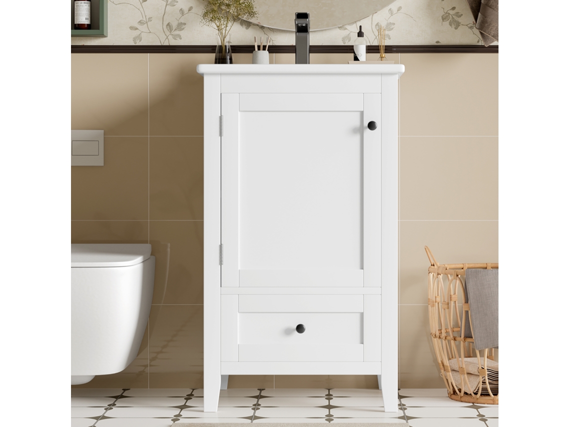 Móvel De Casa De Banho Com Pés Com Lavatório Em Cerâmica 1 Porta E 1 Gaveta Branco Estilo (torneira Não Incluída)