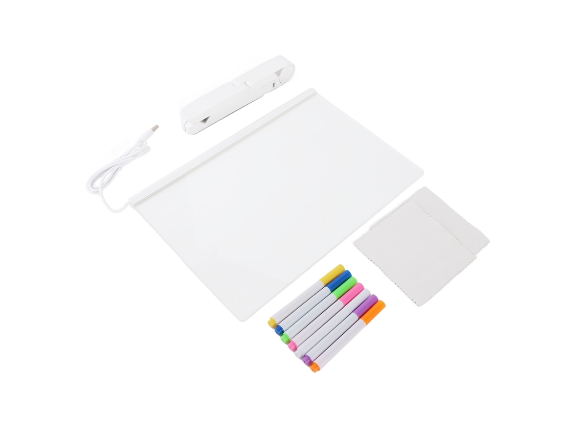 Quadro branco apagável Baok em acrílico com luz LED, bloco de notas de mesa, branco com 7 marcadores iluminados.