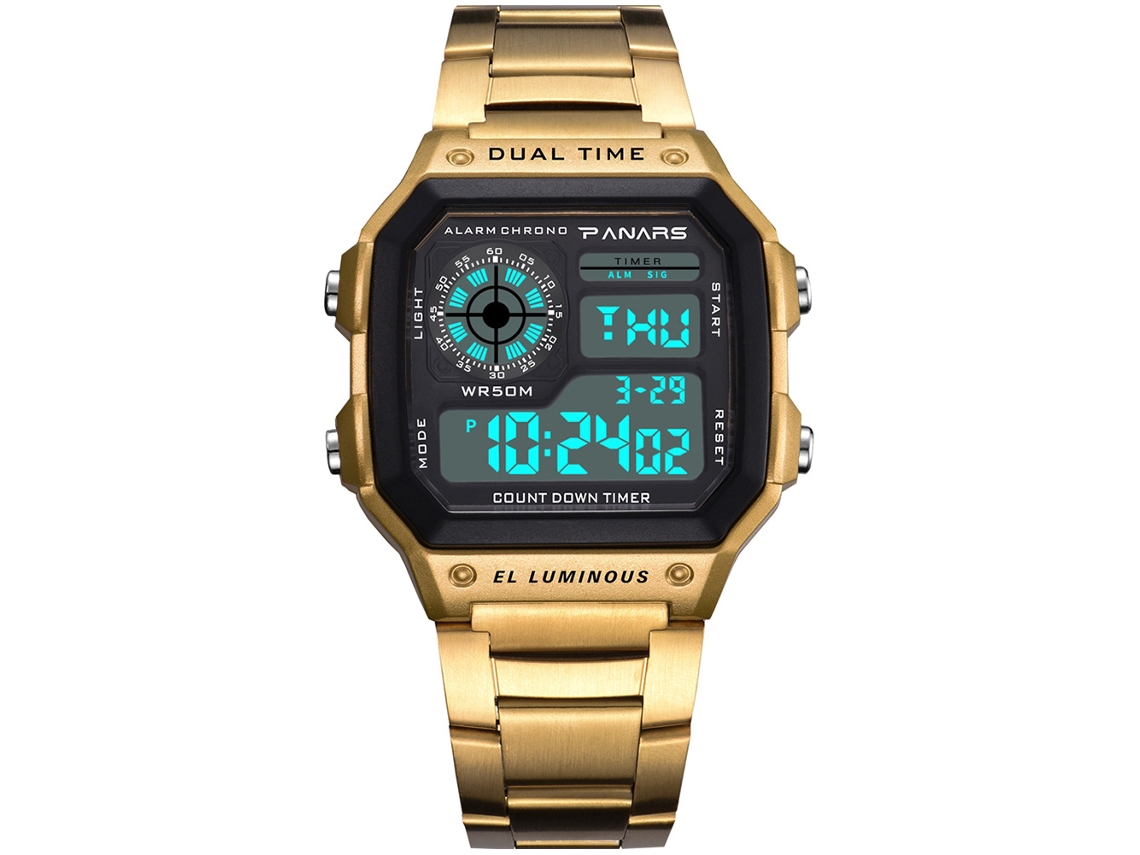 Relógio masculino Panars multifuncional luminoso à prova d'água com pulseira de aço inoxidável dourada.