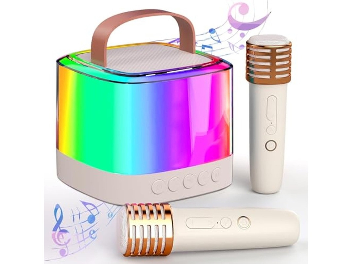 Mini Máquina De Karaokê Para Crianças E Adultos Alto Falante Bluetooth Portátil Com 2 Microfones Sem Fio E Luzes Coloridas Led Bege Yizhood