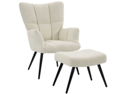 Fauteuil Salon C/ Repose-pied, Capitonné Teddy, Dossier Haut, Poches Latérales, Beige