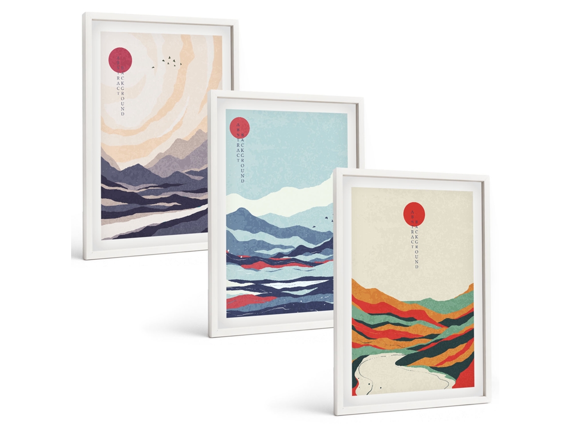 Composição De Quadros Na Parede Abstratos De Montanhas Japonesas Moldura Branca Imagens Para Um Quarto Infantil Espelharte (3 Piezas De 40x60 Cm)