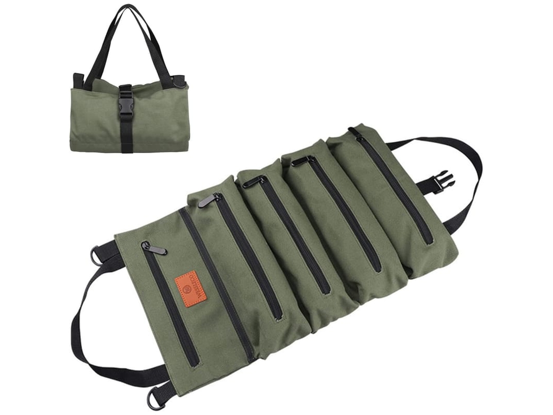 Bolsa De Ferramentas Rolável De Lona Com 5 Bolsos Zipper, Estojo Multifuncional (verde)