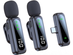 Pacote Com 2 Microfones De Lapela Sem Fio - Display Led, Cancelamento De Ruído, Omnidirecional, Para Podcasts (preto)