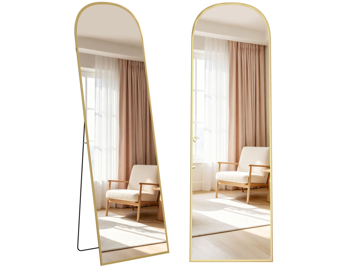 Espelho De Corpo Inteiro 50x170 Cm, Para Uso Em Mesa Ou Parede, Com Moldura Em Liga De Alumínio E Suporte Dourado.