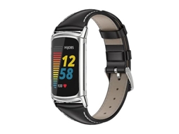 Bracelete de Smartwatch para Fitbit Charge5 Mijobs Couro Genuíno Slim Watch Band Preto-Prata VENISYMLIS