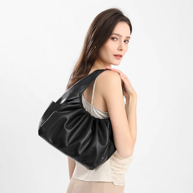 (wz150-preto) Nova Bolsa De Ombro Feminina Moderna E Macia, Bolsa Nuvem Plissada Versátil, Couro Pu