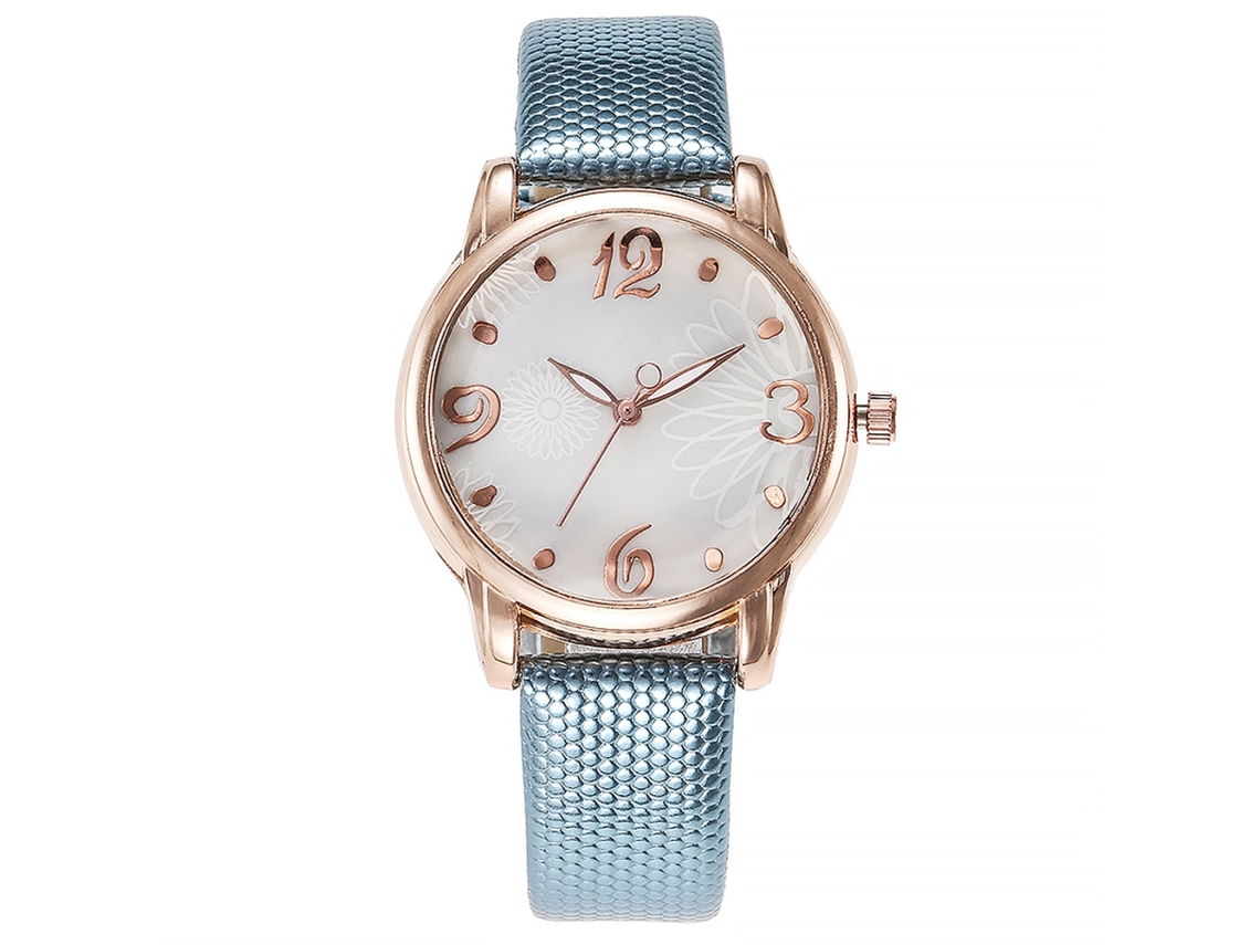 Relógio Feminino de Pulso Vansvar Estilo Simples Pulseira Pu Quartzo Azul Claro