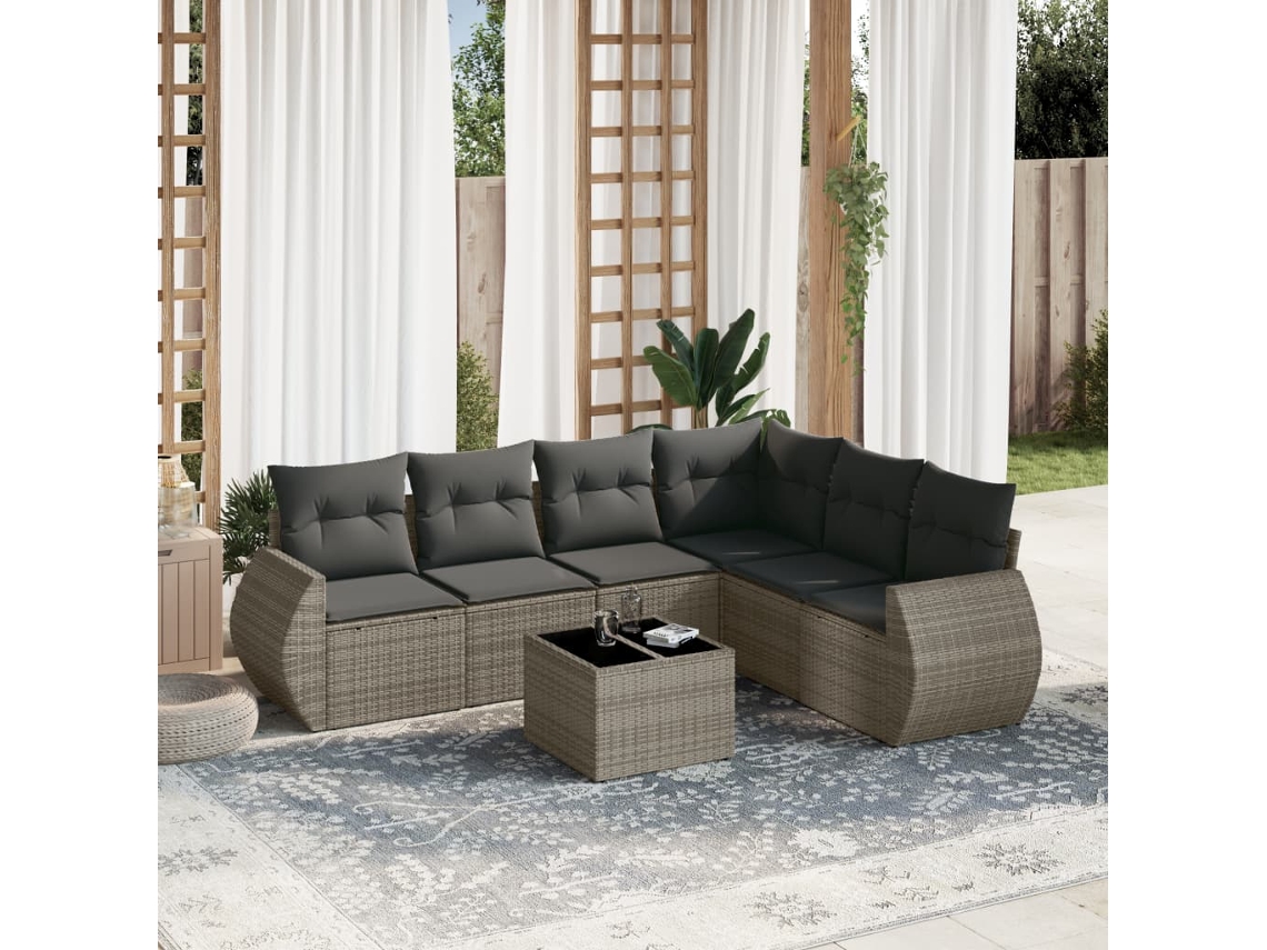 Vidaxl 7 Pcs Conjunto Sofás P/ Jardim C/ Almofadões Vime Pe Cinzento