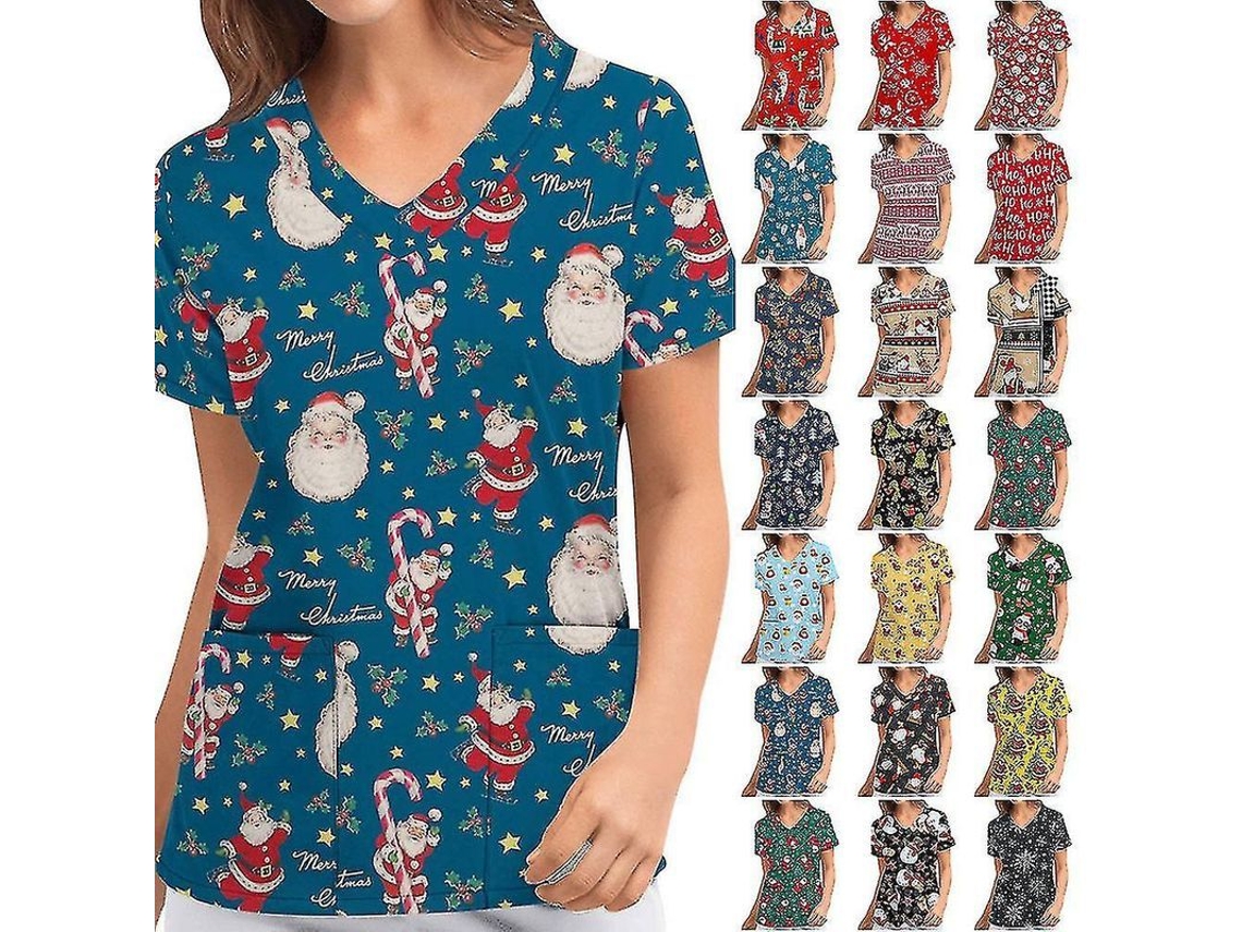 Uniforme De Enfermagem Feminino De Natal Com Manga Curta Camiseta Scrub Blusa V-neck Top De Tricot Preto Claro