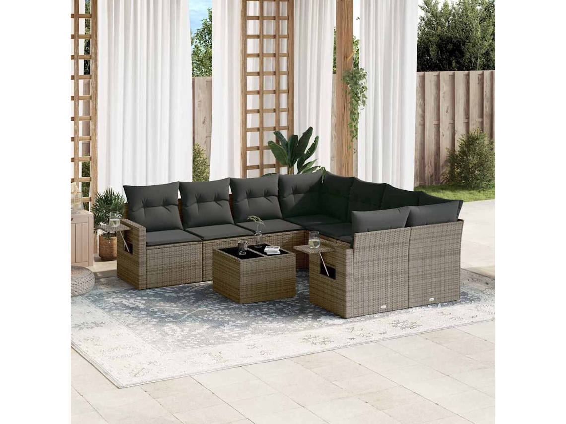 Vidaxl 9 Pcs Conjunto Sofás P/ Jardim Com Almofadões Vime Pe Cinzento