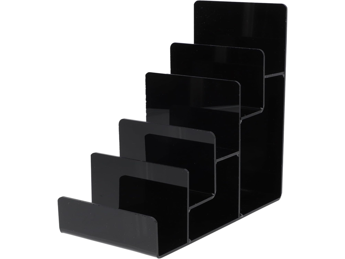 Expositor Galpada Em Acrílico Preto Com Estrutura Trapezoidal E Design Multicamadas Para Bolsas Carteiras Lojas Centros