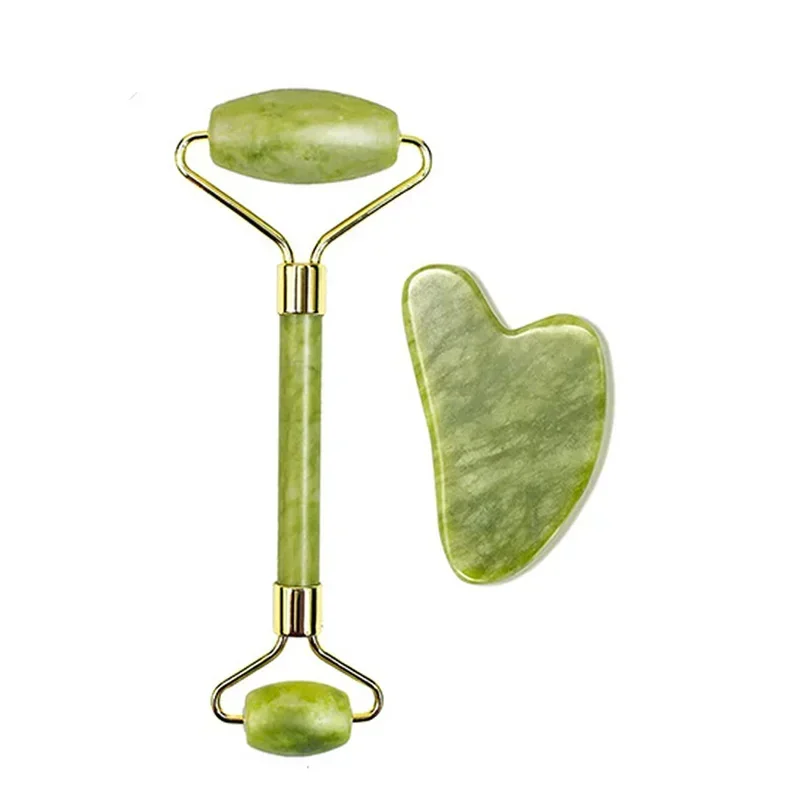 Conjunto de Massagem em Jade Natural, Rolo Gua Sha, Rolo de Massagem Spa para o Corpo e Rosto MDUG (conjunto A)