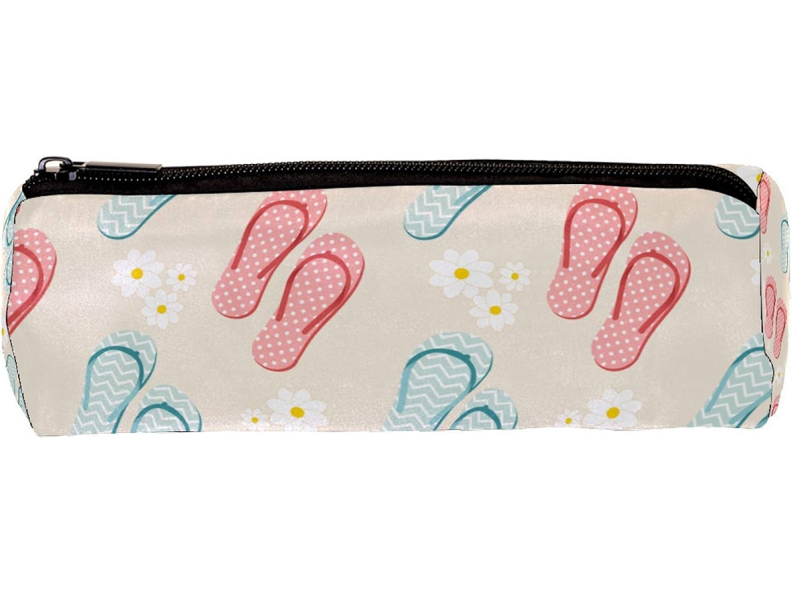 Porta-lápis com estampa floral e chinelos, organizador de mesa, item essencial para escola e escrivaninha.