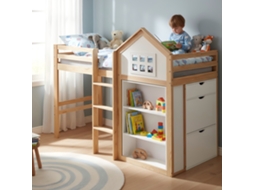 Cama Alta Infantil 90x200cm Com Prateleiras Gavetas Escadas Seguras Branco+natural