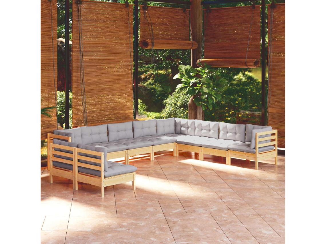 Vidaxl 10pcs Conjunto Lounge De Jardim + Almofadões Cinza Pinho Maciço