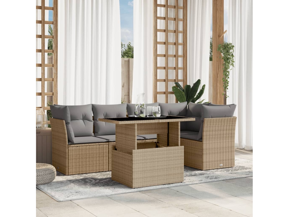 Vidaxl 6 Pcs Conjunto De Sofás P/ Jardim Com Almofadões Vime Pe Bege