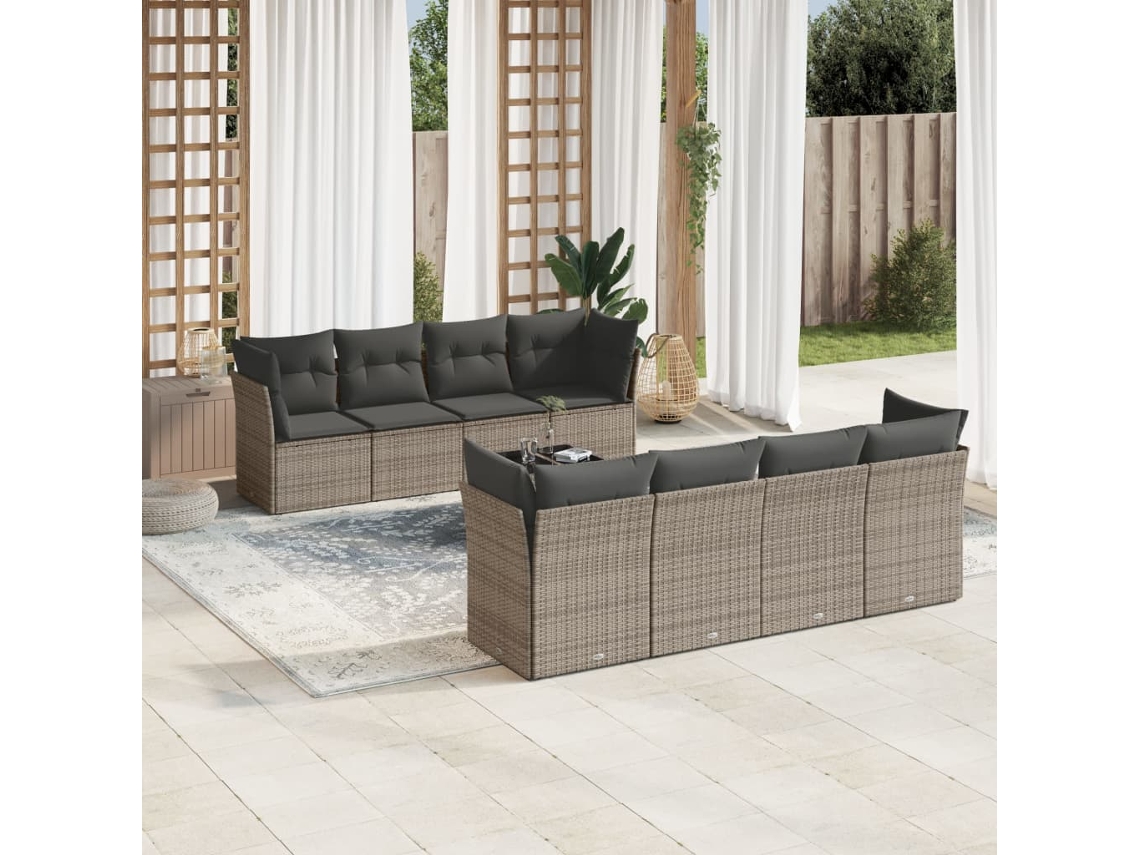 Jogo 9 Peças Sofás P/ Jardin Com Almofadões Vime Pe Cinza Dkd Home Decor