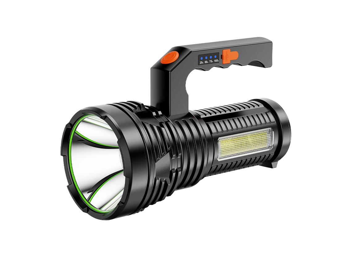 Lanterna Led Portátil De Alta Potência Para Uso Externo, Com Dois Feixes De Luz, Alcance De 50 A 100 Metros, Feita Em Abs E Recarregável.