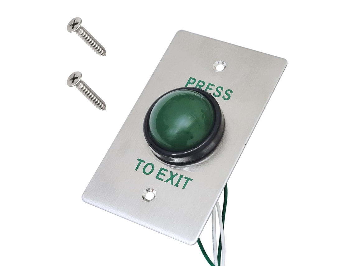 Botão de saída de emergência em aço inoxidável, verde, com acabamento escovado, para painel de porta, com parafusos para acesso.