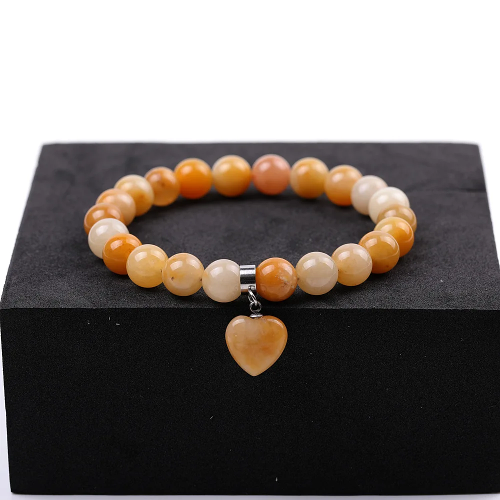 Pulseira Feminina Com Pingente Em Formato De Coração Em Quartzo Rosa (jade Amarelo Antigo), Pedra Preciosa Natural.