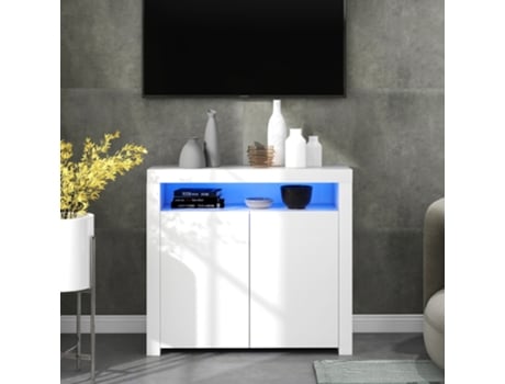 Aparador Alto Brilho Branco Com Led, Armário Buffet Moderno Em Madeira Para Sala Panshiyuan (108x40x92cm)