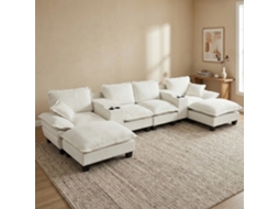 Sofá Modular Em Forma De U, Nuvem, Com Console Central E Porta-copos, Usb, Dois Pufes E Almofadas, Tecido Chenille Bege Para Sala.