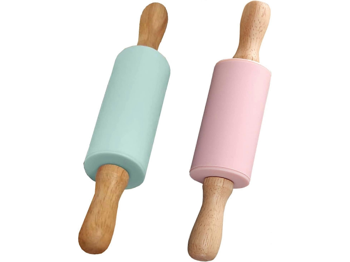 2 rolos de silicone antiderrapantes com cabo de madeira, ideais para bolos, biscoitos e pizzas.