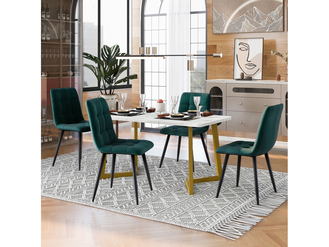 Conjunto Jantar 117x68cm + 4 Cadeiras Veludo Verde, Pernas Douradas.-qq