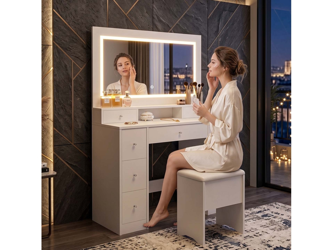 Lazyspace Penteadeira Moderna 110x40x150 Cm Com Espelho Led Tátil, 9 Gavetas E Banco - Branco