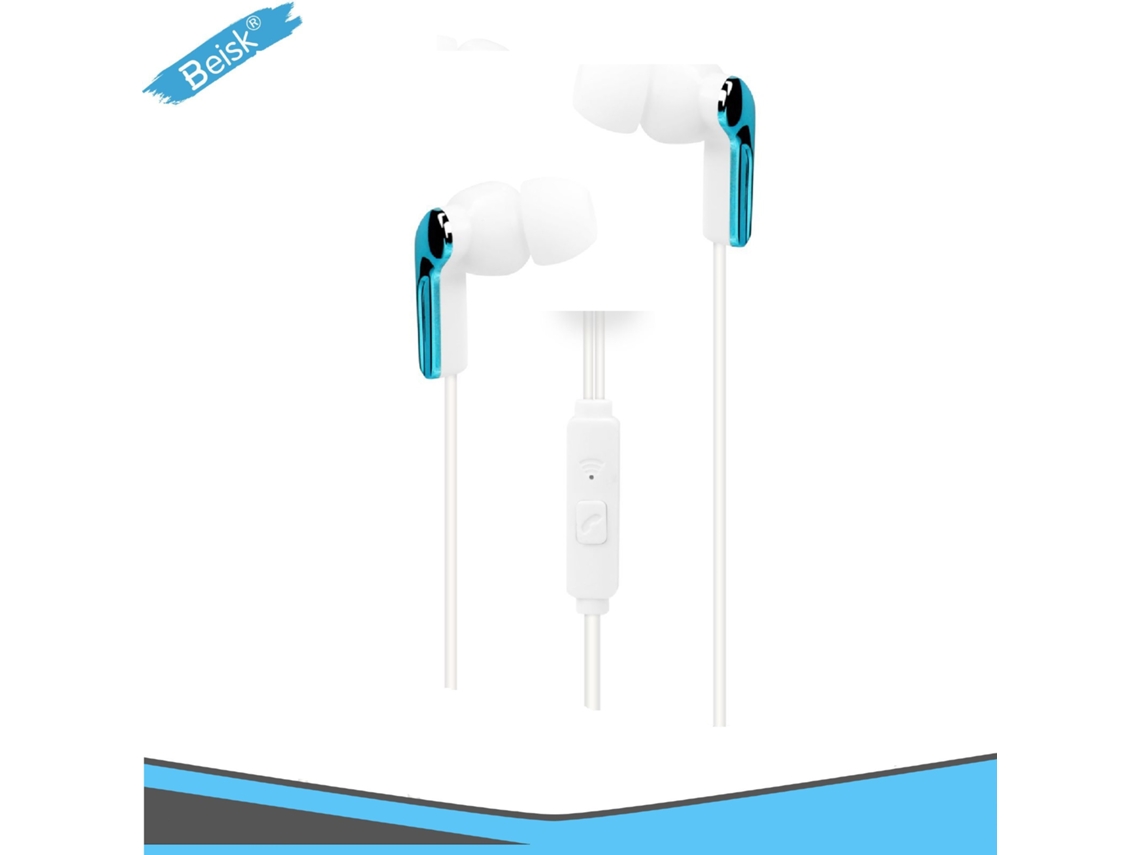 Fones Intra Auriculares Com Fio Beisk 3,5mm Branco Azul Acabamento Metálico, Micrófone Remoto, Cabo Tpe 1,2m