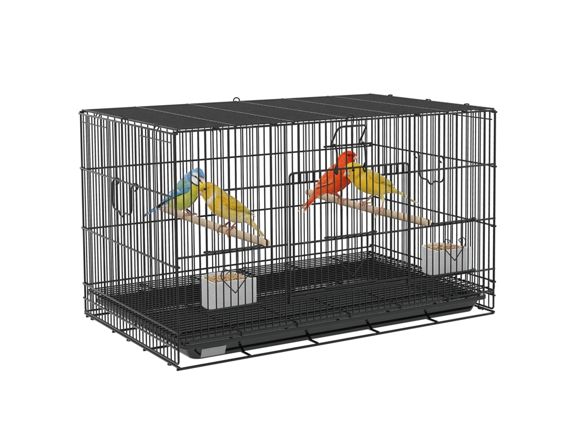 Gaiola Para Pájaros 77x46x45 Cm Gaiola Metálica Para Aves Con Bandeja Extraíble 2 Perchas 2 Comederos 2 Perchas Negro
