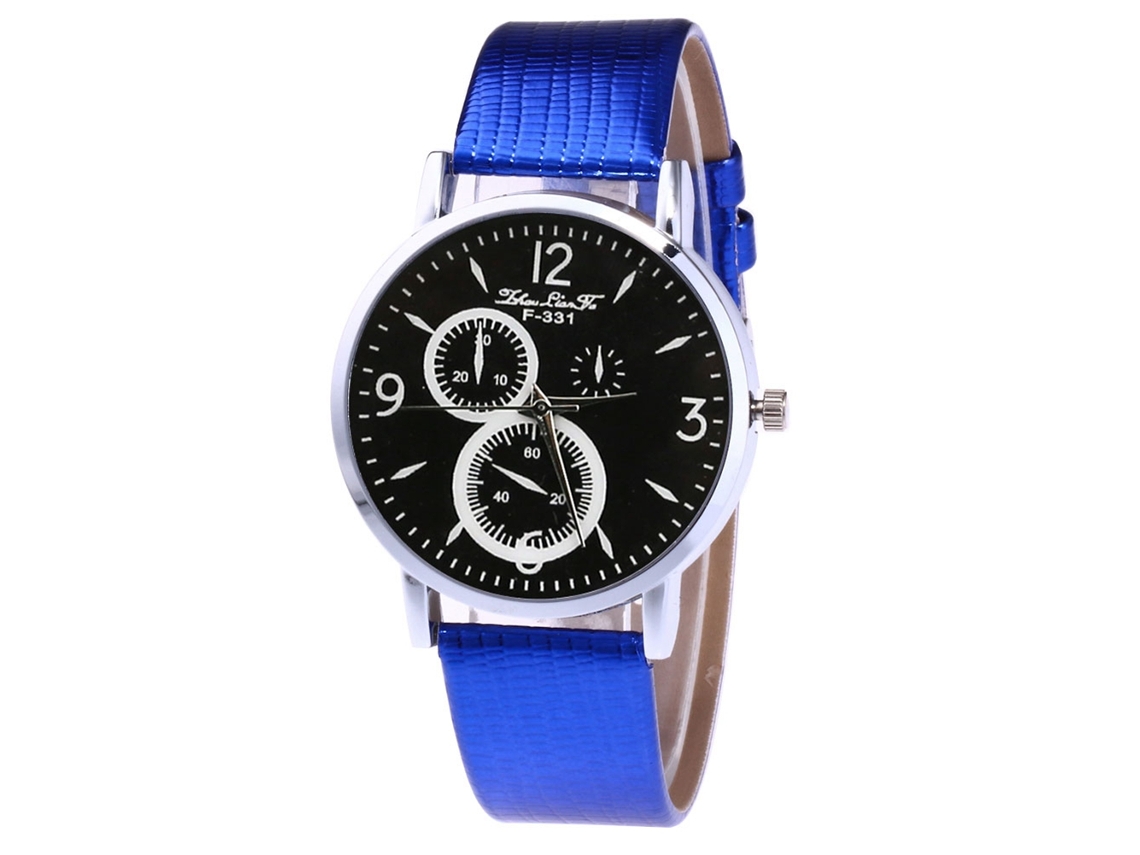 Relógio de quartzo unissex com pulseira casual de couro PU azul.
