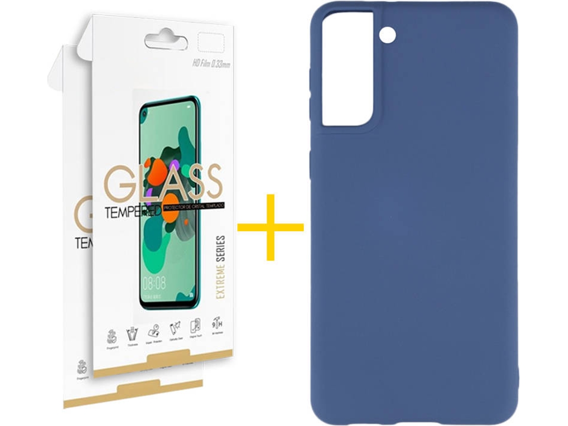 Capa e 2 Películas de Vidro Samsung S21 SKYHE Silicone Líquido Azul