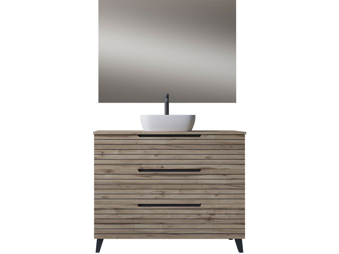 Móveis de casa de banho com lavatório de bancada, espelho e aplique LED KEN 80x45 cm acabamento deserto fosco 3 gavetas com pés