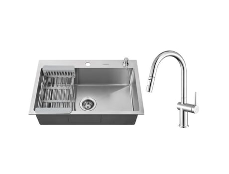 Lavatório 68X45X19Cm em Aço Inox com Torneira de Cozinha Spray Extraível Dispensador de Sabão e Cesto de Esgoto LONHEO MAX