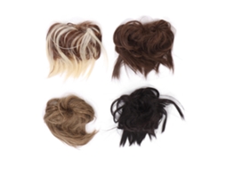 Apliques de cabelo Raia com efeito bagunçado e penteado elaborado.