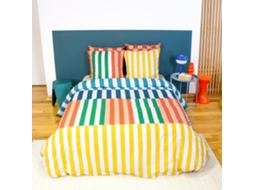 Conjunto De Cama De Algodão Com Estampas De Listras Multicoloridas Para 2 Pessoas