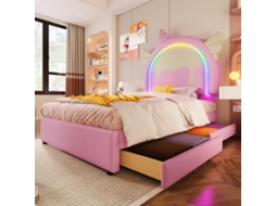 Cama Estofada, 90 X 200 Cm, Sem Colchão, Com Faixa Clara, Cama Com 2 Gavetas, Formato De Unicórnio, Pu, Rosa-op